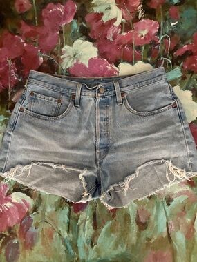 Levi's 501 Light Blue High-Rise Frayed Denim Shorts